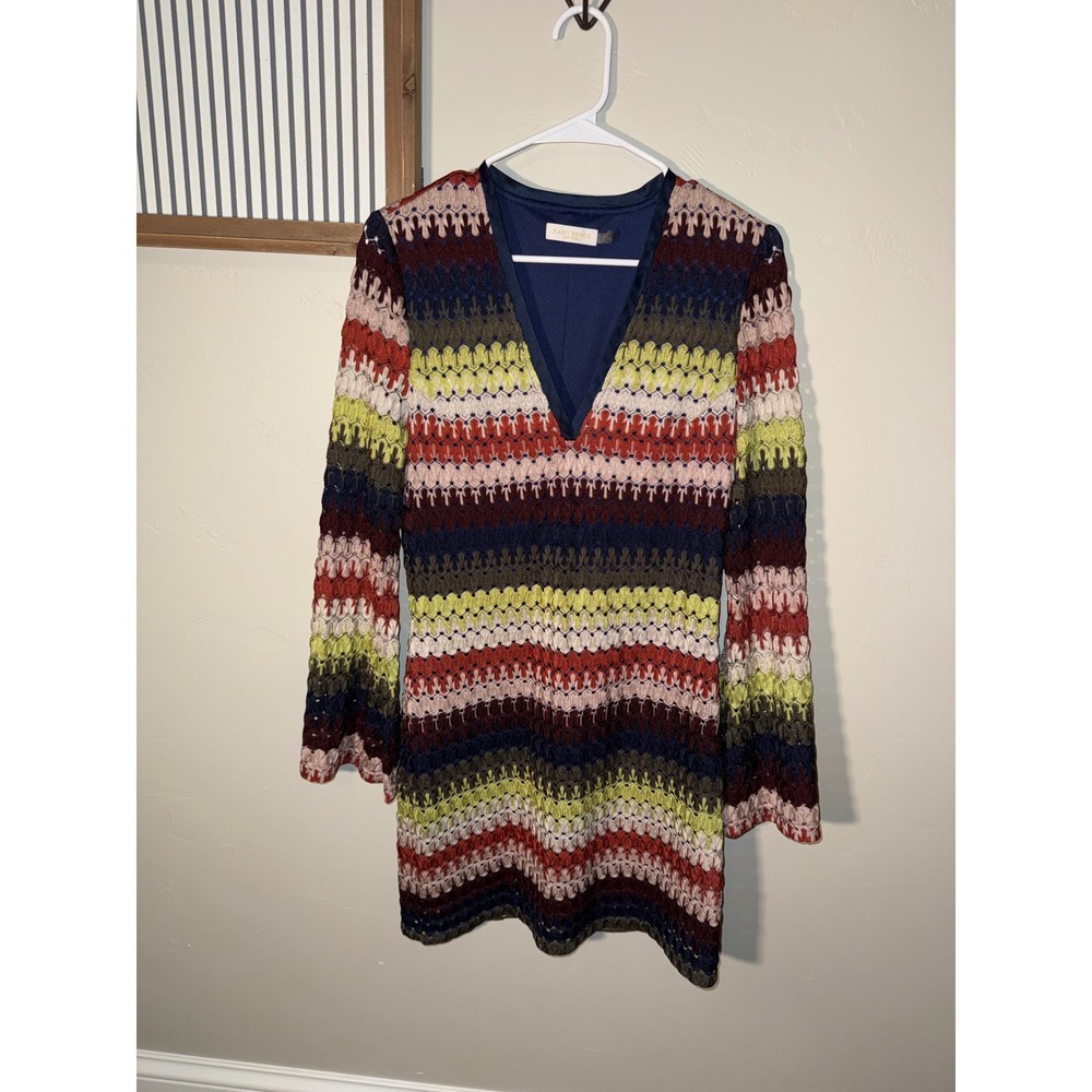 Ramy Brook Multi Color Striped Crochet Knit V-Neck Bell Sleeve Mini Dress Large - Picture 2 of 10